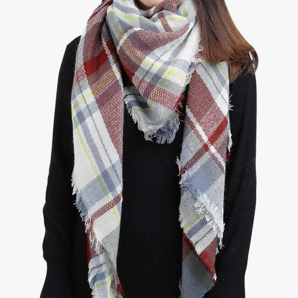 Plaid Scarf in Red, Blue, and White